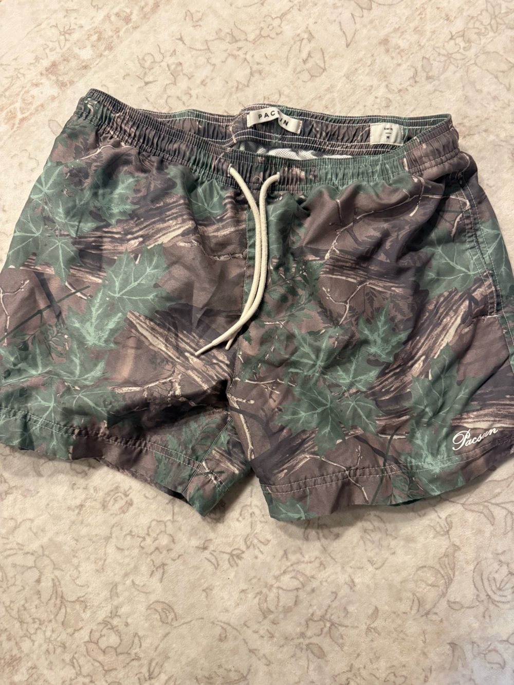 PacSun Men's Brown and Green Leaf Camo Athletic Shorts with Drawstring